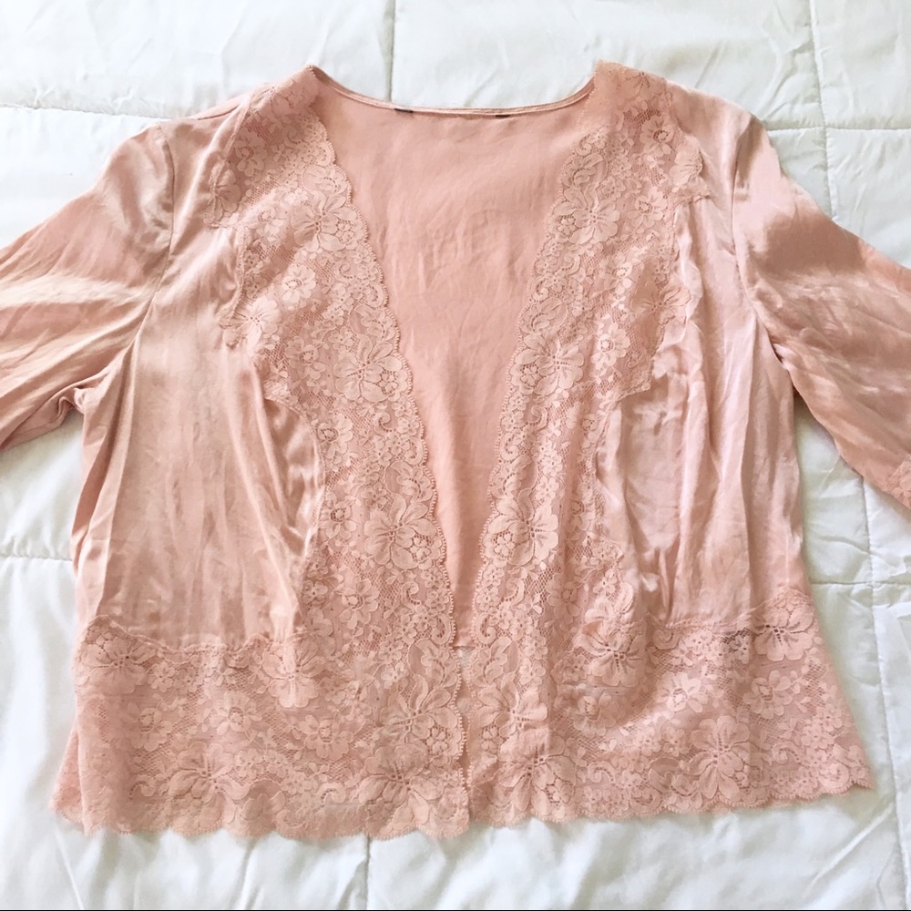 Pink Silk Lace Open Front Cover Blouse - Picture 2 of 6